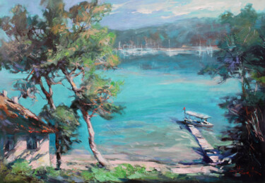 Painting titled "In the marina" by Henadzy Havartsou, Original Artwork, Oil Mounted on Wood Stretcher frame