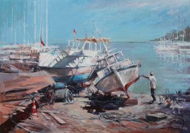 Malerei mit dem Titel "Dock work" von Henadzy Havartsou, Original-Kunstwerk, Öl Auf Keilrahmen aus Holz montiert