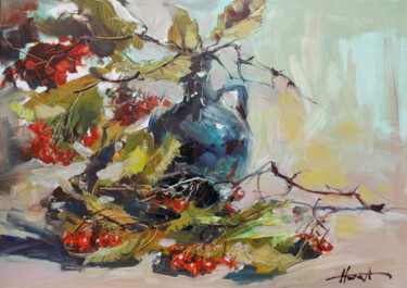 Painting titled "Still life with haw…" by Henadzy Havartsou, Original Artwork, Oil Mounted on Wood Stretcher frame