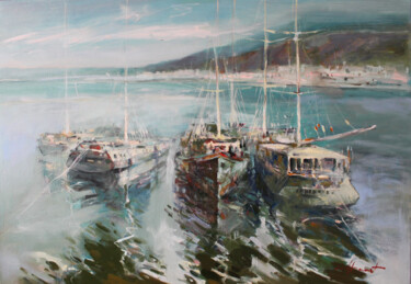 Painting titled "Yachts at the pier" by Henadzy Havartsou, Original Artwork, Oil Mounted on Wood Stretcher frame