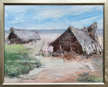 Painting titled "Fisherman's hut" by Henadzy Havartsou, Original Artwork, Oil Mounted on Wood Stretcher frame