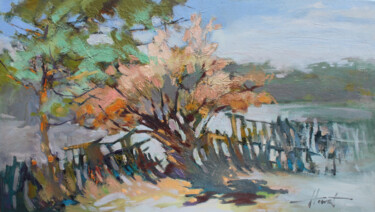 Painting titled "Spring in the villa…" by Henadzy Havartsou, Original Artwork, Oil Mounted on Wood Stretcher frame