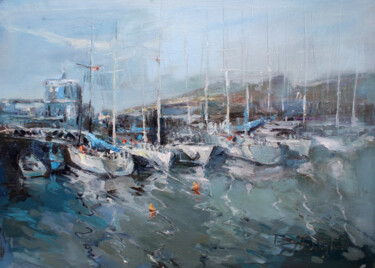 Painting titled "Marina in winter" by Henadzy Havartsou, Original Artwork, Oil Mounted on Wood Stretcher frame