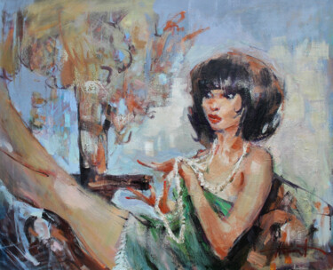 Painting titled "Brunette in daydream" by Henadzy Havartsou, Original Artwork, Oil Mounted on Wood Stretcher frame