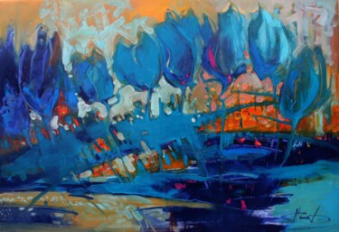 Картина под названием "Blue tulips" - Henadzy Havartsou, Подлинное произведение искусства, Масло Установлен на Деревянная ра…