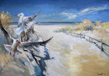 Ζωγραφική με τίτλο "Baltic seagulls" από Henadzy Havartsou, Αυθεντικά έργα τέχνης, Λάδι Τοποθετήθηκε στο Ξύλινο φορείο σκελε…
