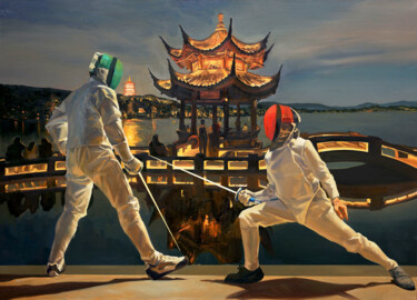 Painting titled "西湖论剑" by Heng Qiang, Original Artwork, Oil