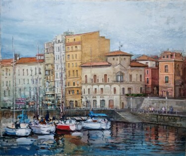 Painting titled "Port of Gijón" by Hennadii Penskyi, Original Artwork, Oil