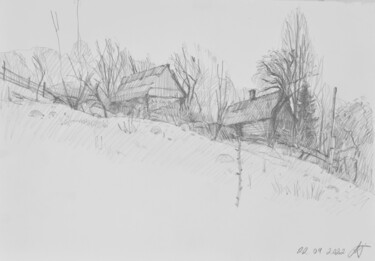 Drawing titled "Two lonely houses o…" by Hennadii Volokitin, Original Artwork, Pencil