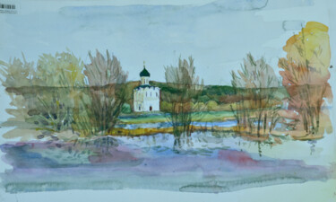Painting titled "The Church of the I…" by Hennadii Volokitin, Original Artwork, Watercolor