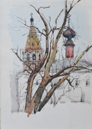 Painting titled "The church and the…" by Hennadii Volokitin, Original Artwork, Watercolor