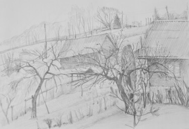 Drawing titled "The apple trees. Ca…" by Hennadii Volokitin, Original Artwork, Pencil