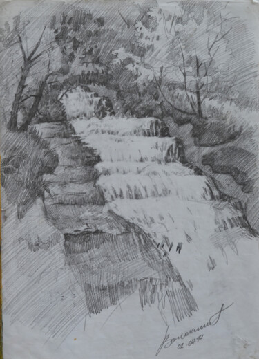 Dessin intitulée "Waterfall. Crimea.…" par Hennadii Volokitin, Œuvre d'art originale, Crayon