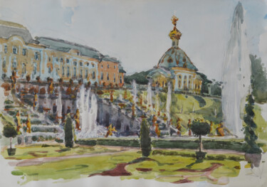 Painting titled "Fountains. Peterhof" by Hennadii Volokitin, Original Artwork, Watercolor