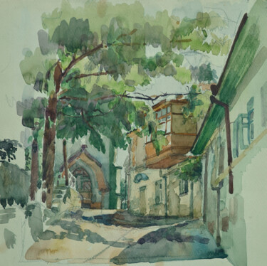 Schilderij getiteld "Shadowy streets of…" door Hennadii Volokitin, Origineel Kunstwerk, Aquarel