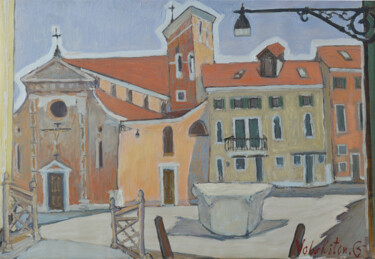 Painting titled "Church and square" by Hennadii Volokitin, Original Artwork, Oil