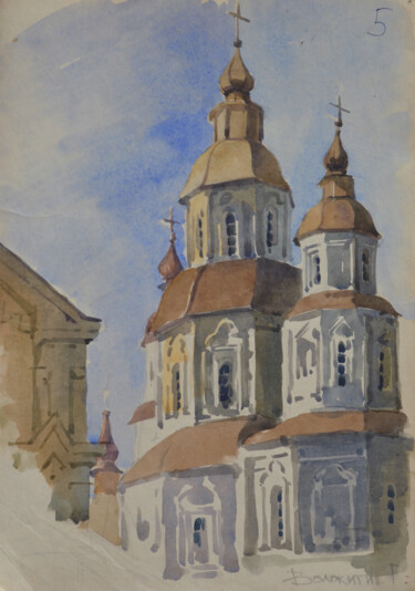 Peinture intitulée "Pokrovsky Cathedral…" par Hennadii Volokitin, Œuvre d'art originale, Aquarelle