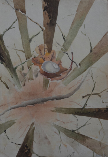 Malerei mit dem Titel "Falling leaf" von Hennadii Volokitin, Original-Kunstwerk, Aquarell