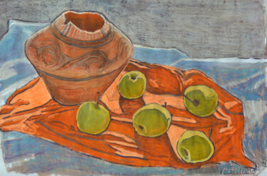 Peinture intitulée "Jug & apples" par Hennadii Volokitin, Œuvre d'art originale, Gouache