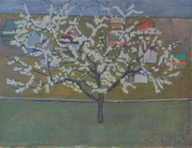 Painting titled "Blooming cherry" by Hennadii Volokitin, Original Artwork, Oil