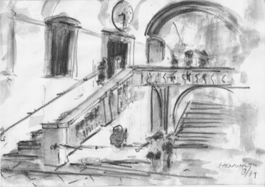 Drawing titled "Escalier Academia d…" by Henohut, Original Artwork, Charcoal Mounted on Cardboard