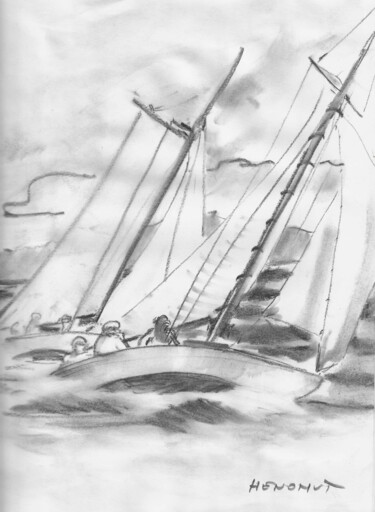 Drawing titled "Petit sloop dans la…" by Henohut De Zhery, Original Artwork, Charcoal