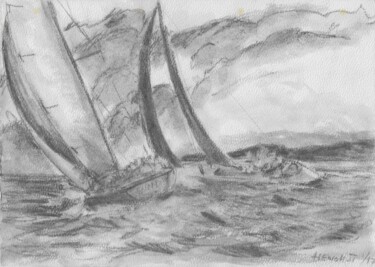 Drawing titled "Deux sloops moderne…" by Henohut, Original Artwork, Charcoal