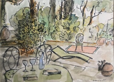 Peinture intitulée "Jardin terrasse la…" par Henohut, Œuvre d'art originale, Fusain