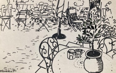 Dessin intitulée "Table et jardin la…" par Henohut, Œuvre d'art originale, Acrylique