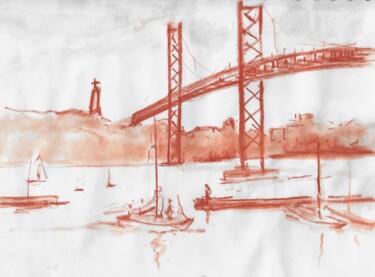 Drawing titled "Pont du 25 avril et…" by Hénohut De Zhéry, Original Artwork, Chalk