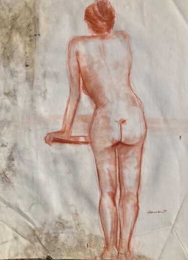 Dessin intitulée "Femme nue de dos, m…" par Henohut, Œuvre d'art originale, Craie