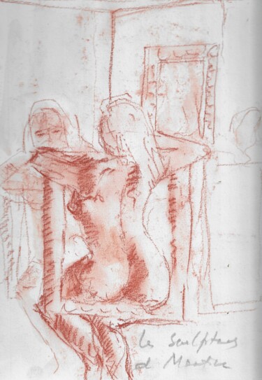 Tekening getiteld "Femme dans un cadre…" door Hénohut De Zhéry, Origineel Kunstwerk, Krijt