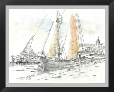 Zeichnungen mit dem Titel "Fishing boat in har…" von Hénohut De Zhéry, Original-Kunstwerk