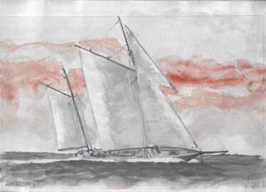 Disegno intitolato "Gaff Yawl under a r…" da Henohut De Zhery, Opera d'arte originale, Inchiostro