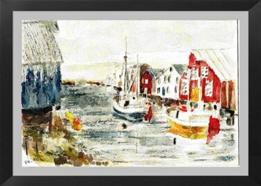 Painting titled "Bud Harbour, Norway" by Henohut, Original Artwork, Watercolor