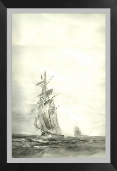 Dessin intitulée "Tall ship at sea" par Henohut, Œuvre d'art originale