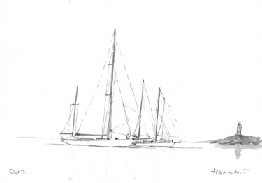 Drawing titled "Goélette et yawl re…" by Henohut De Zhery, Original Artwork, Ink