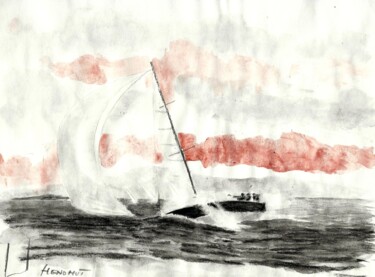 Dessin intitulée "Sloop moderne sous…" par Henohut, Œuvre d'art originale, Craie