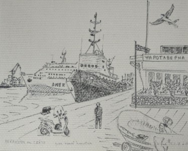 Tekening getiteld "Le port d'HERAKLION…" door Enrico El Nomado Dit El Gréco, Origineel Kunstwerk, Inkt