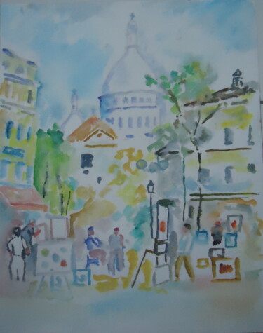 Painting titled "PLACE DU TERTRE" by Enrico El Nomado Dit El Gréco, Original Artwork, Watercolor