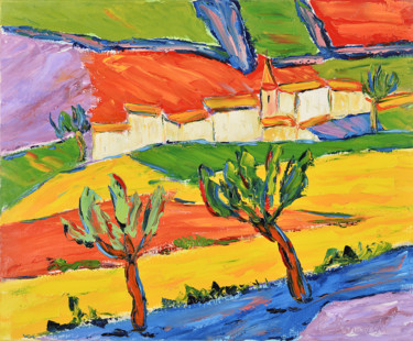 Painting titled "Hameau en Provence" by Henri Borowski, Original Artwork, Oil Mounted on Wood Stretcher frame