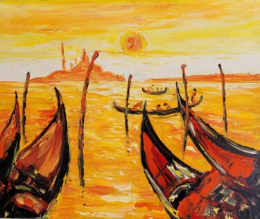 Картина под названием "Coucher du soleil à…" - Henri Borowski, Подлинное произведение искусства, Масло Установлен на Деревян…