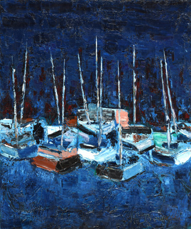 Painting titled "Voiliers la nuit" by Henri Borowski, Original Artwork, Oil Mounted on Wood Stretcher frame