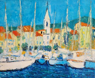 Painting titled "Voiliers à Sanary" by Henri Borowski, Original Artwork, Oil Mounted on Wood Stretcher frame
