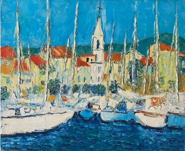 Painting titled "Voiliers à Sanary" by Henri Borowski, Original Artwork, Oil Mounted on Wood Stretcher frame