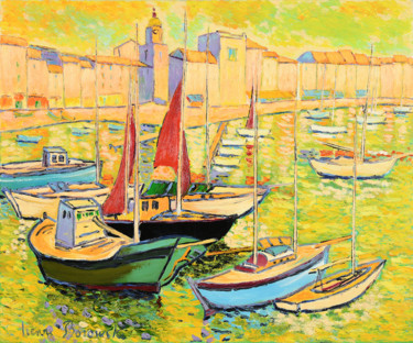 Painting titled "Saint-Tropez" by Henri Borowski, Original Artwork, Oil Mounted on Wood Stretcher frame