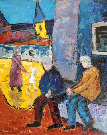 Painting titled "Les vieux amis" by Henri Borowski, Original Artwork, Oil Mounted on Wood Stretcher frame