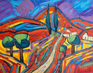 Painting titled "Paysage du Var" by Henri Borowski, Original Artwork, Oil Mounted on Wood Stretcher frame