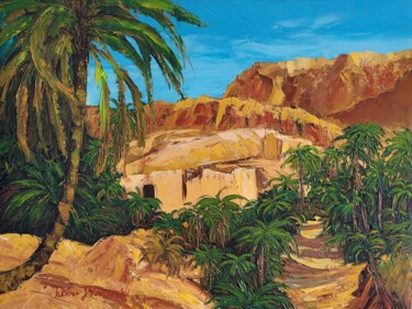 Painting titled "Oasis de Chebika" by Henri Borowski, Original Artwork, Oil Mounted on Wood Stretcher frame