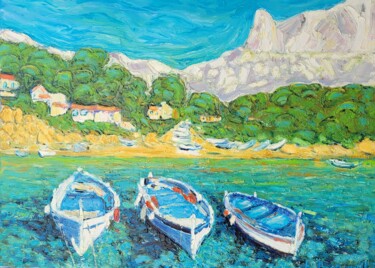 Painting titled "calanque de sormiou" by Henri Borowski, Original Artwork, Oil Mounted on Wood Stretcher frame